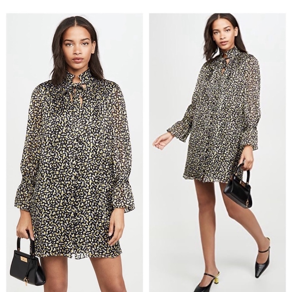 alice + olivia Rei Ruffle long sleeve Mini Dress Art Deco Cocktail Dress Silk